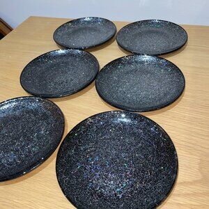 Crate&Barrel Glitter Appetizer Black 6 inch Dessert Plates, Set of 6, BRAND NEW